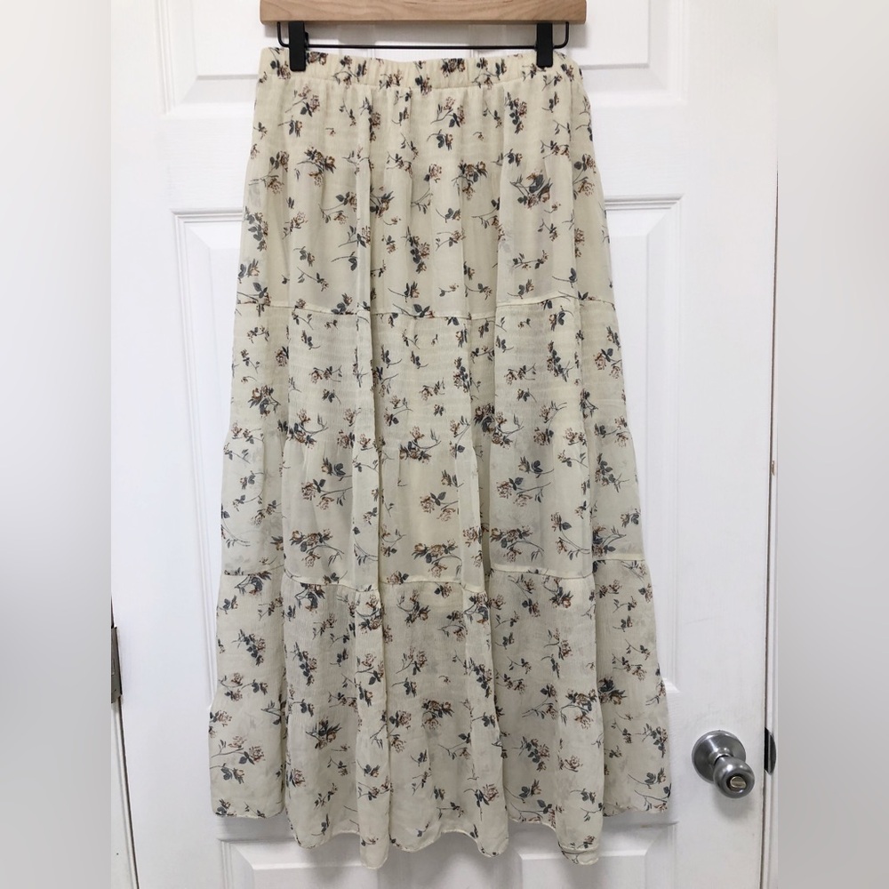 Floral Cream Flowy Maxi Skirt Fairy Boho Festival Summer Size XL